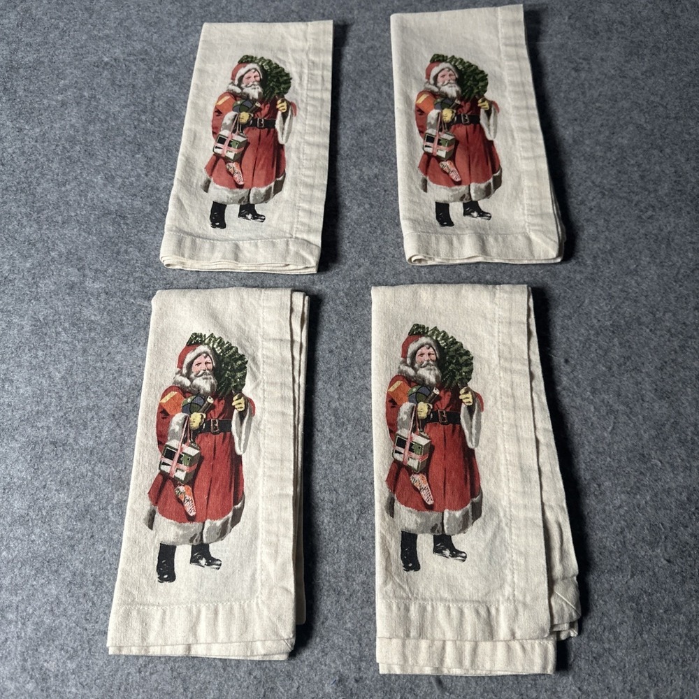 Pottery Barn Santa‎ Claus Father Christmas Cloth Napkins Set of 4 Cotton Ivory